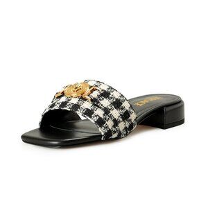Versace Women's Black & White Gold Medusa Plaid Sandals Mules Shoes US 7 IT 37